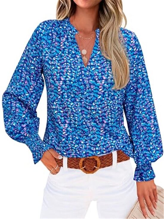 Tops - Women's V Neck Floral Long Sleeve Top Summer Casual Loose Puff Sleeve Boho